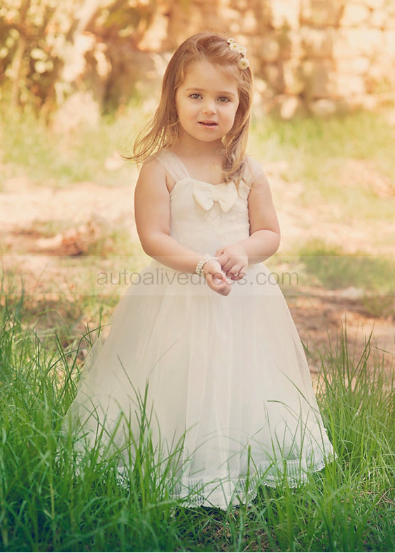 Ivory Lace Tulle Ankle Length Vintage Flower Girl Dress Ivory Lace Tulle Ankle Length Vintage Flower Girl Dress